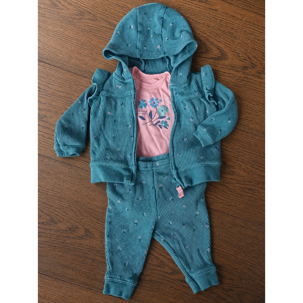 Carters Baby Girls 3PC Set Teal Waffle Knit Hoodie Pants Pink Bodysuit NB 0M